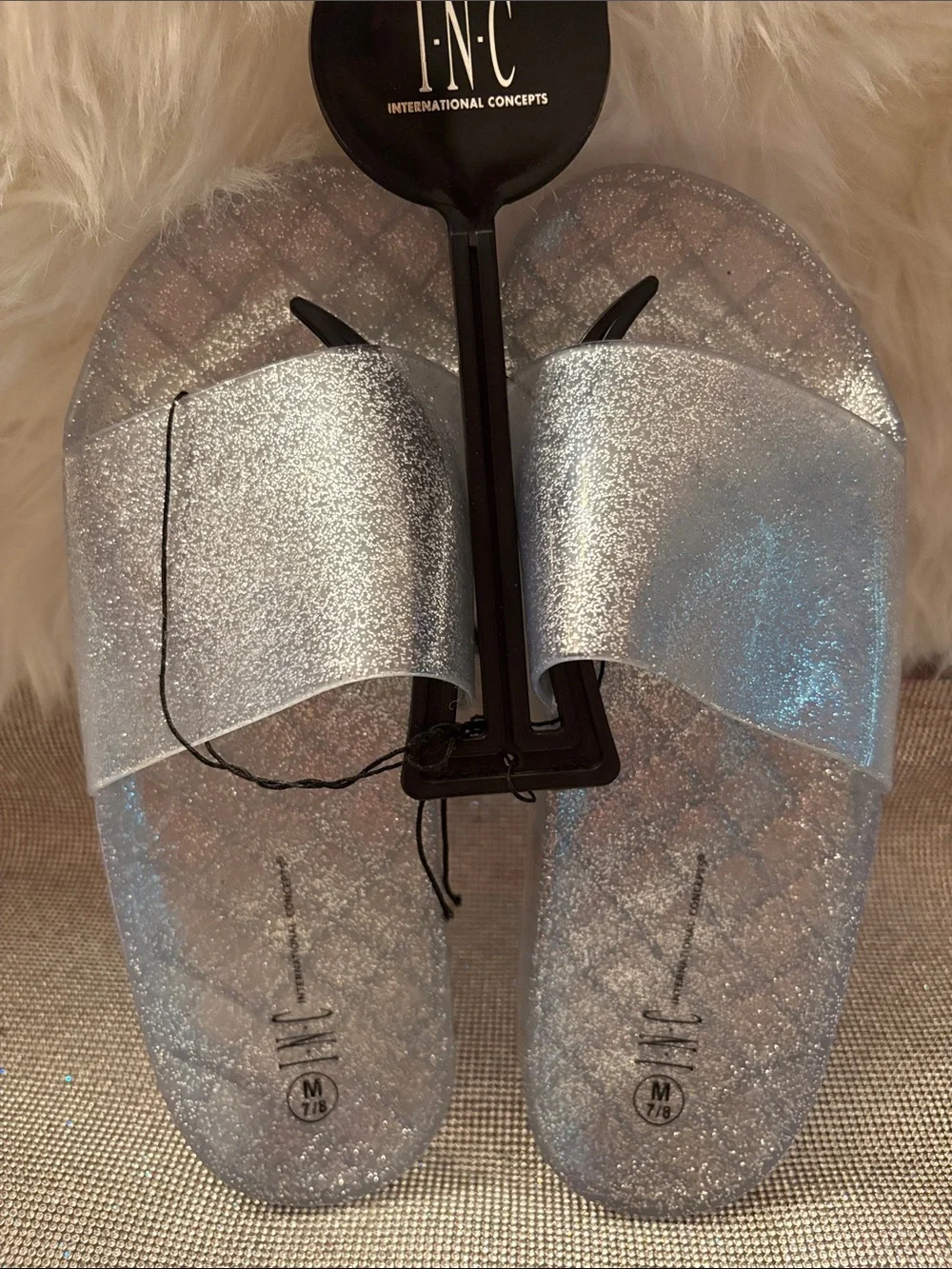 INC International Concepts Glitter Silver Slide Sandals